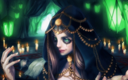 The witch - black, dark, anime, manga, art, candle, witch, fantasy, light, luminos, green