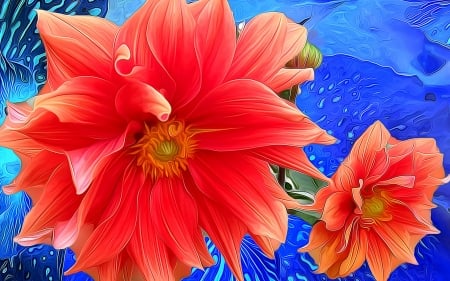 Flowers - abstract, poster, blue, dalia, flower, red, painting, texture, art