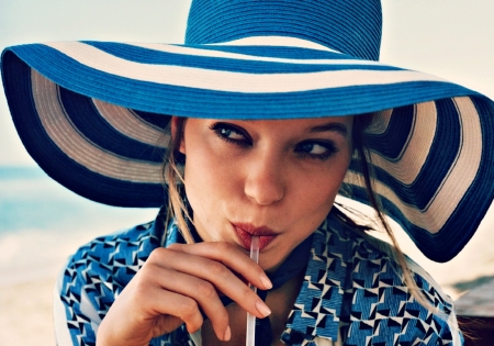 Lea Saydoux - hat, summer, girl, actress, retro, white, vintage, woman, stripes, Lea Saydoux