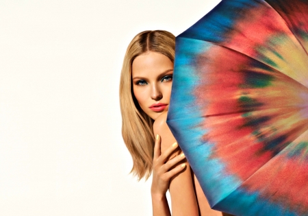 Sasha Luss - woman, sasha luss, girl, summer, model, white, red, blue, umbrella