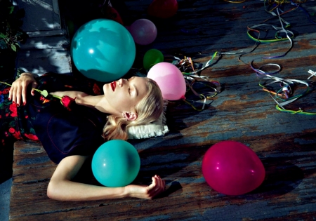 Jessica Stam - girl, pink, Jessica Stam, black, red, green, woman, model, balloons