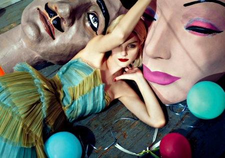 Jessica Stam - girl, pink, Jessica Stam, red, green, woman, model, balloons, figurine, face