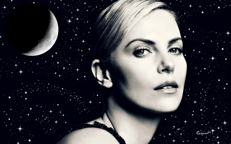 Charlize Theron - moon, by cehenot, girl, Charlize Theron, night, stars, actress, black, white, woman, sky, luna