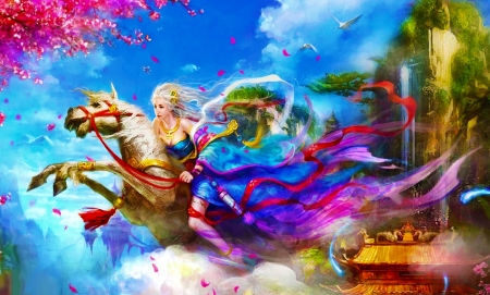 Riding like the Wind - art, girl, horse, beautiful, colorful, digital, fantasy