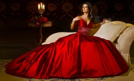 Classy Brunette - gown, red, model, beautiful, girl, dress, satin, elegant, photography, woman, classy, fashion