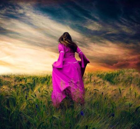 Homeland - costume, woman, landscape, girl, serene, photography, image, gown, fantasy, nature, art, pretty, pink, beautiful, digital, dress