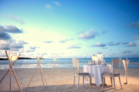 Beach - dinner, beach, romantic, table, candles, ocean