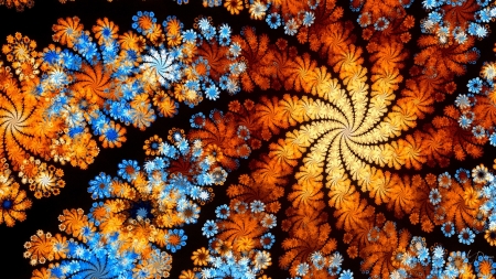 Fractal Swirlies - fractal, abstract, floral, blue, flowers, gold