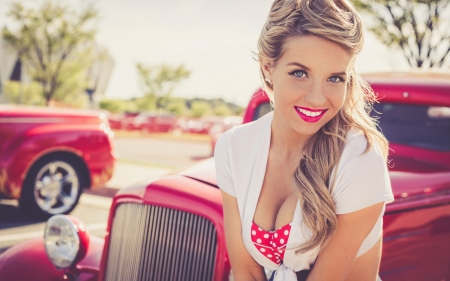 Lovely car, lovely girl - woman, girl, pin-up, model, car, vintage, pink, smile, blonde, retro