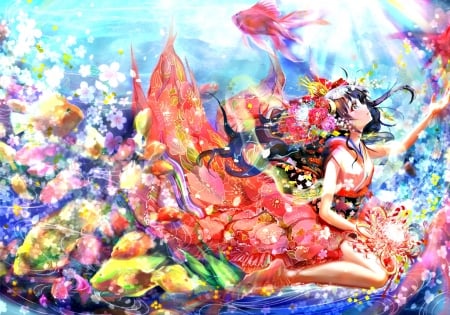 Underwater world - girl, summer, underwater, world, yellow, red, blue, pink, fish, anime, dress, manga, soramu