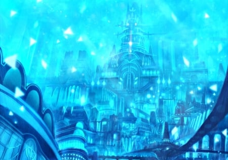 Blue city - anime, blue, city, buildings, manga, fantasy, sakimori, art, castle