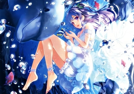 My friend the dolphin - pink, anime, girl, original, blue, manga, art, white, dolphin, kuriya shinobu, underwater