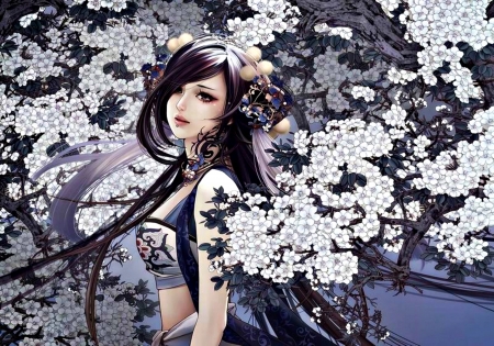 Beauty - woman, girl, blooms, zhang xiaobai, fantasy, white, geisha, art, blue, anime, jx online, flower, manga