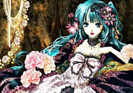 Hatsune Miku - hatsune miku, girl, shikaji kashikai, art, pink, vocaloid, blue, peony, anime, flower, manga