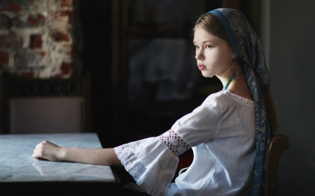 Girl - white, photography, scarf, young, girl, blue