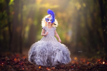 Ready for masquerade - blue, dress, girl, feather, forest, sweet, child, meg bitton, mask, autumn, cute, little