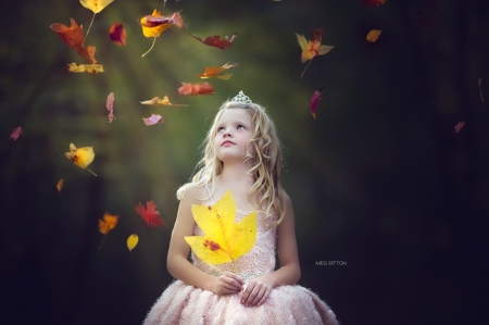 Autumn leaves - child, toamna, blonde, yellow, girl, little, meg bitton, leaf, autumn