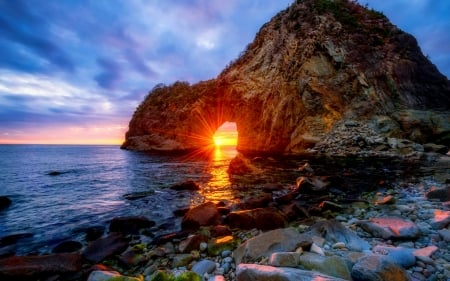 Sea sunset - rays, ocean, beach, sky, sunshine, sunlight, summer, shore, sunset, rocks, waves, glow, beautiful, sea