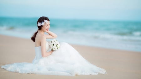 Bride on the beach - bouquet, beach, bride, sea