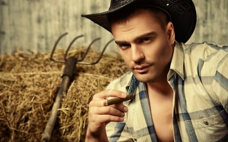 Cowboy - mman, hat, hay, cowboy, model, barn