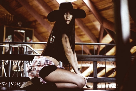 Stressed Cowgirl - style, girls, western, women, models, hats, cowgirls, brunettes, fun, female, boots, fashion