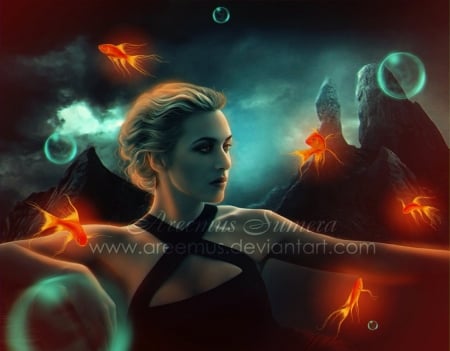 Dreaming among the Goldfish - fantasy, goldfish, art, model