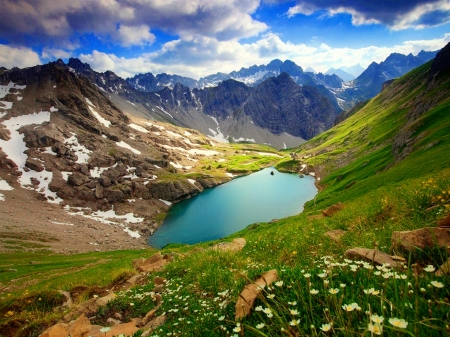 Lovely lake view - sky, slope, lake, landscape, hills, mountain, lovely, view, beautiful, wildflowers