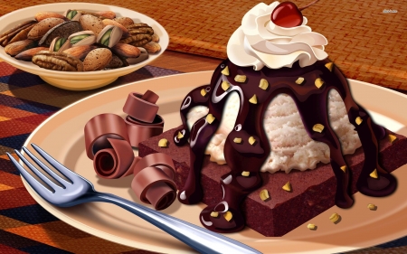 delicous dessert - cherry, chocolate, ice-cream, fork