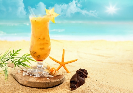 TASTE of the SUMMER ~ - sky, drink, beach, sun, summer, clouds, refreshing, sand, sea