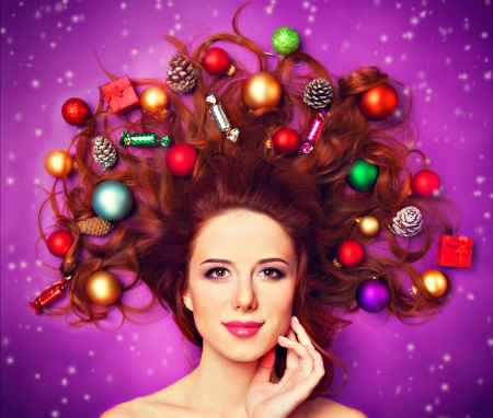 Merry Christmas! - decoration, blue, ball, girl, pink, christmas, purple, craciun, red, woman, model, face, golden, candy