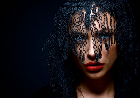 Dark beauty - woman, veil, girl, blue eyes, make-up, black, model, face, dark, red