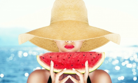 Enjoy summer! - hat, bokeh, summer, blue, girl, sea, slice, watermelon, red, woman, model, fruit