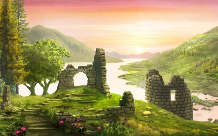 Ruins - fantasy, sunset, green, art, pink, ruins