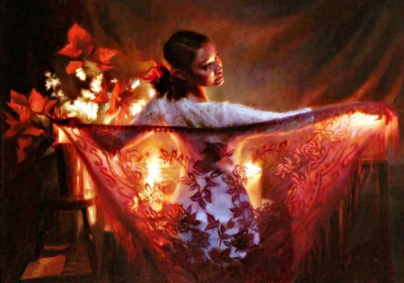 Dancing under the candles light - woman, dancer, candle, girl, light, scarf, painting, art, red