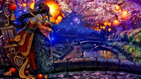 Cherry Blossom Festival - women, fantasy, cherry blossoms, lanterns, eastern, fireworks