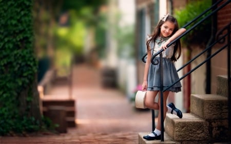 Little girl - stairs, suitcase, girl, child, cute, little