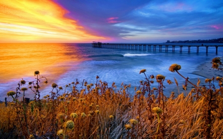 Sea sunset - beach, sky, ocean, water, sunset, waves, pier, amazing, beautiful, colors, sea