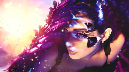 Purple beauty - fantasy, make-up, purple, woman, girl, feather, art, pink