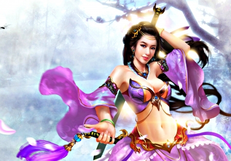 Fantasy girl - woman, beauty, girl, asian, fantasy, purple, game, pink, katana, sword