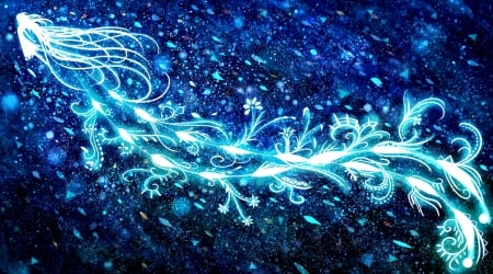 Fantasy - tail, sky, stars, girl, light, fantasy, art, blue, luminos, feather, anime, manga, sakimori