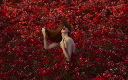 Skin and thorns - red, flower, flowers, mara saiz, girl, dress, creative, long hair, skin and thorns, field, floral, woman, glamorous