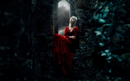 Rapunzel - rapunzel, tower, girl, blonde, creative, kindra nikole, fantasy, red, green, woman, model