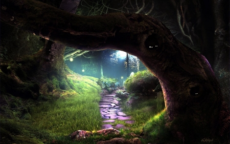 Fairyland Cave - artwork, steps, tree, stones, path