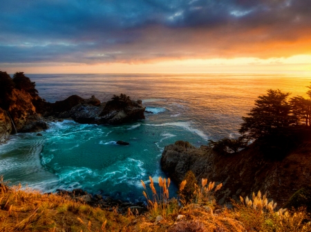 McWay falls - coast, beach, beautiful, falls, sea, sunset, waterfall, view, sky, bay