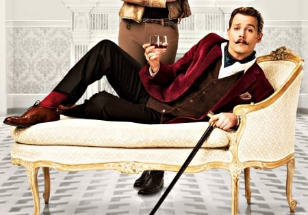 Mortdecai (2015) - movie, sofa, glass, mortdecai, wine, white, man, red, actor, johnny depp