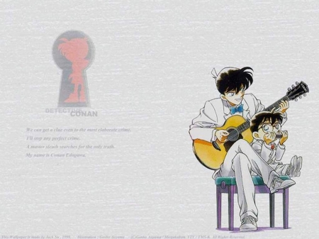 Detective Conan - guitar, shinichi kudo, keyhole, jimmy kudo, case closed, conan edogawa, harmonica, cute, detective conan