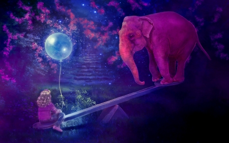 In My Dream - elephant, stars, girl, dream, balloon, fantasy