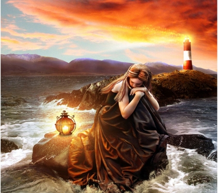 Dark Side of Life - woman, lighthouse, light, artwork, sunset, sea, coast