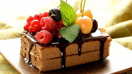 Fruits and berries on a chocolate biscuit - fun, entertainment, yummy, cool, foods, fruit