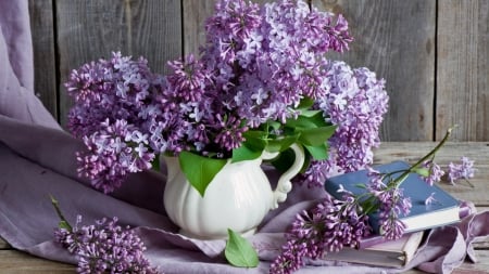 Still Life - bouquet, book, lilac, vase